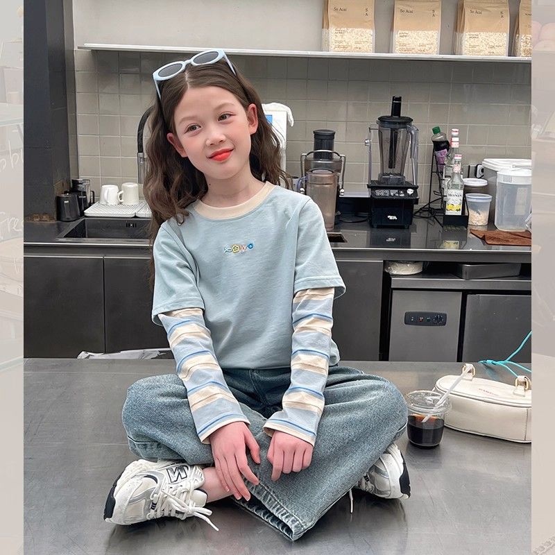 女童假两件上衣洋气t恤儿童网红长袖打底衫中大童装2025新款代发