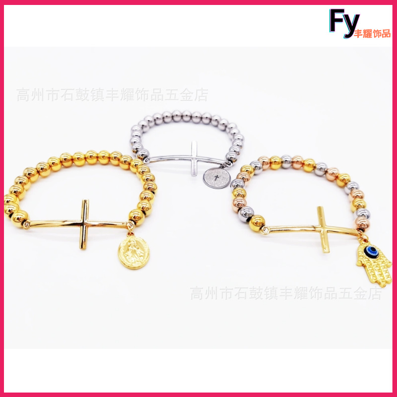 跨境热卖8mm不锈钢串珠加十字架弯牌手链圆珠手链diy弹力绳手链详情1