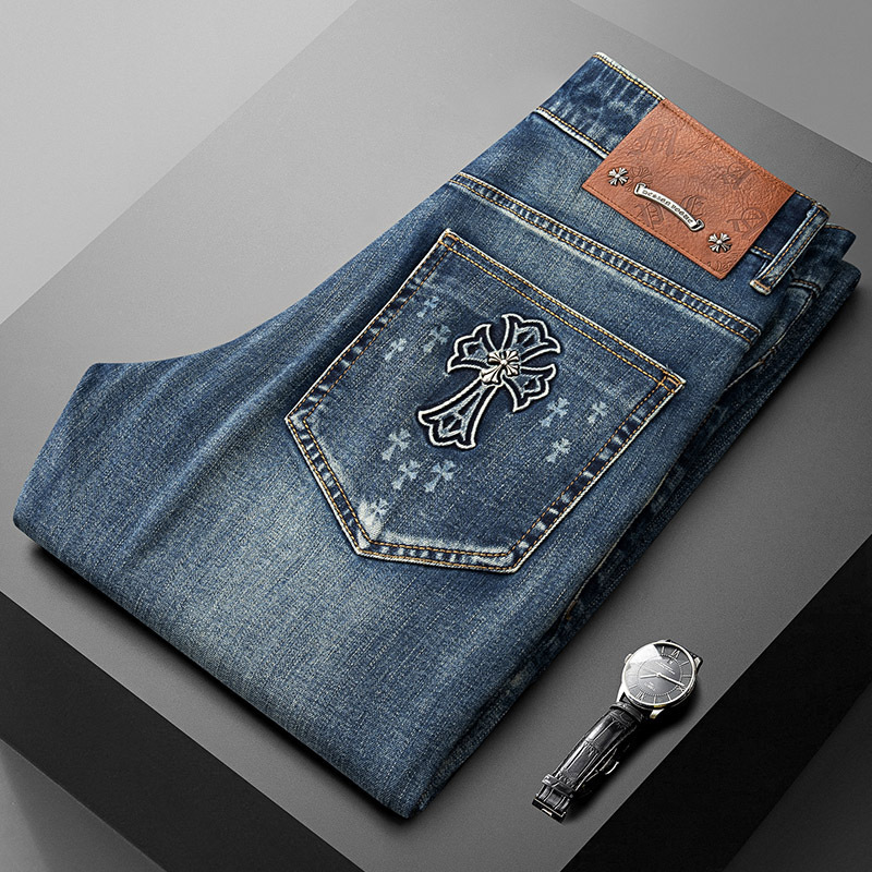 潮牌薄款复古蓝牛仔裤男士夏季高级感潮流修身直筒弹力休闲长裤男