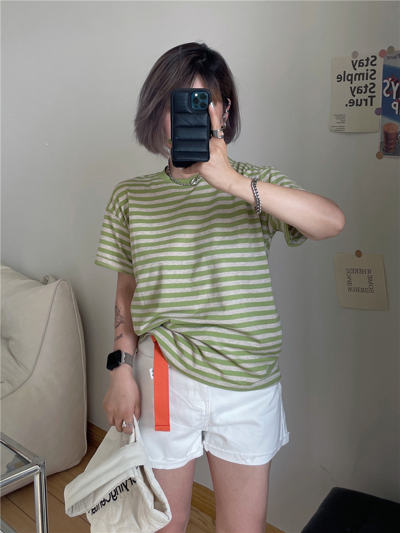 ¡El color es enorme belleza! Rayas control retro fresco 100% algodón camiseta manga corta verano 2022 mujer top suelto han details Picture