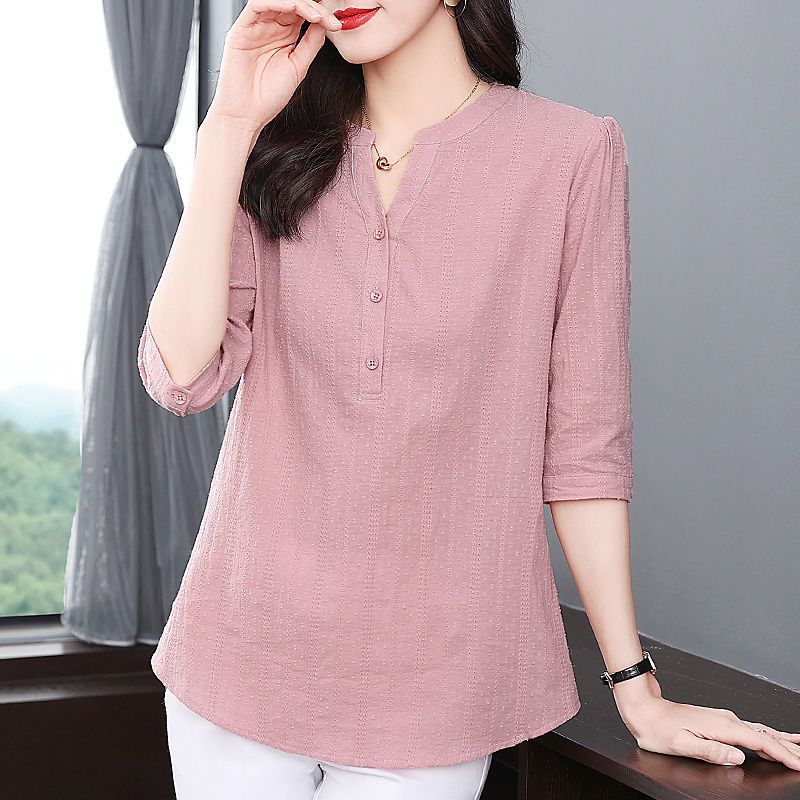 Mid-Sleeve Shirt Women's Spring And Autumn New Style V-Neck Seven-Point Sleeve Top Large Size Thin Women Lining Clothes