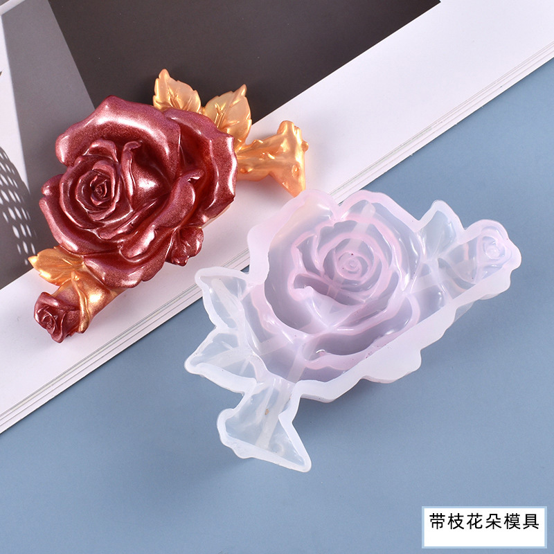 diy水晶滴胶模具带枝玫瑰花朵摆台饰品硅胶模具现货批发工艺品摆件工艺品
