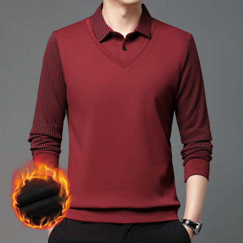 A cross-border men's clothing bestseller, a two-piece T-shirt for autumn and winter, with added fleece and thickened, a loose and casual lapel top for middle-aged men details Picture