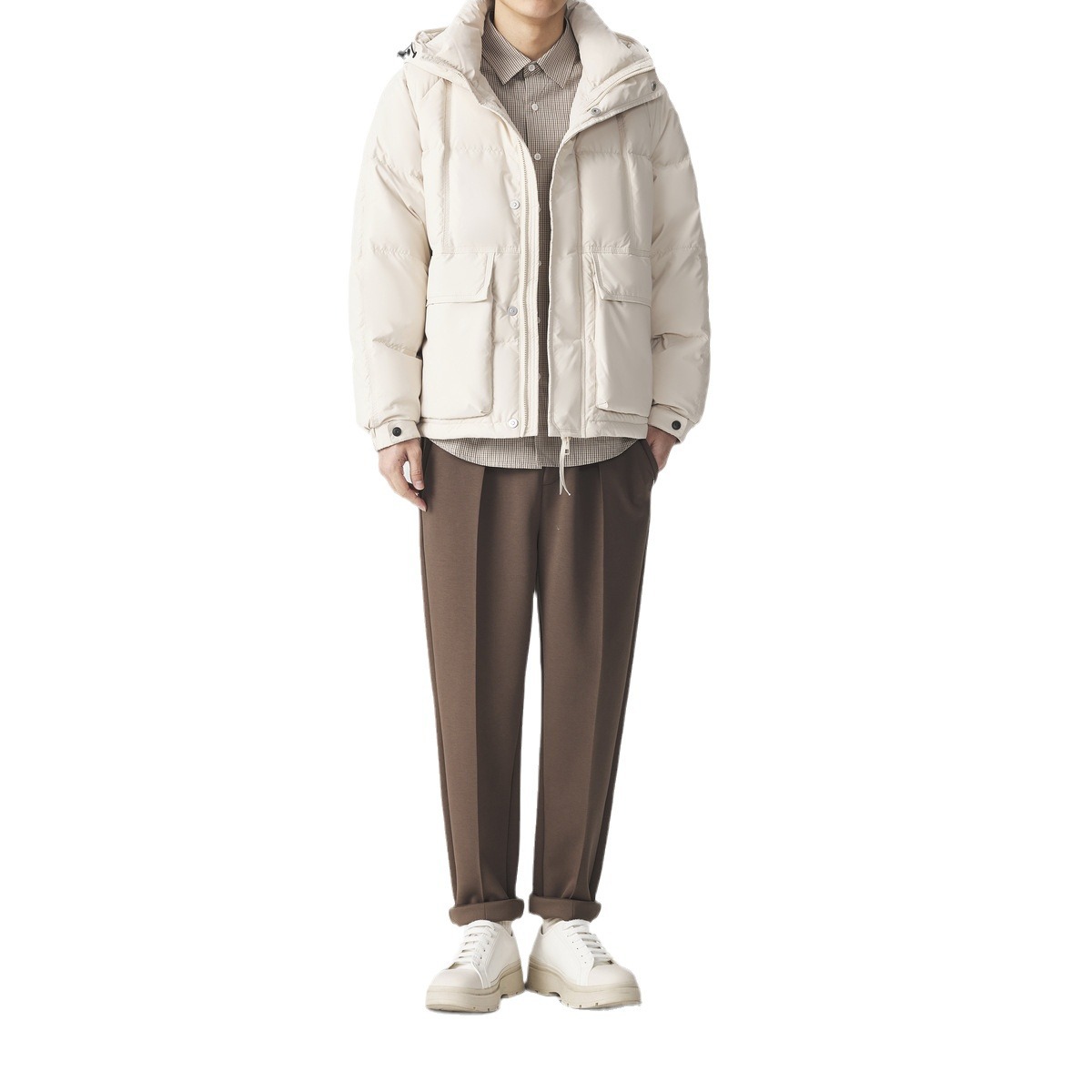 Momeck's simple and loose hooded down jacket for men 2024 Winter, with shoulder sleeves for warmth, men's coat 88596 Item Picture