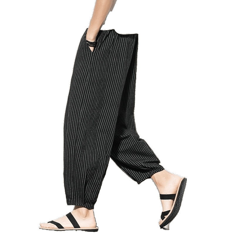 New Chinese-style Spring and Autumn men's loose wide-leg radish nine-inch pants, trendy cotton and linen casual Harun beach lantern pants Item Picture