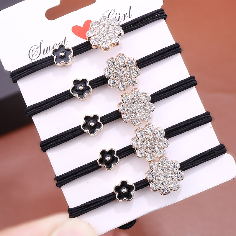 Japanese And Korean Version Of Rhine-Drill Drop Oil Four-Leaf Flower Hair Rope Flowers Tied With Bow Basic Head Rope Sen Women's Rubber Band Head Jewelry