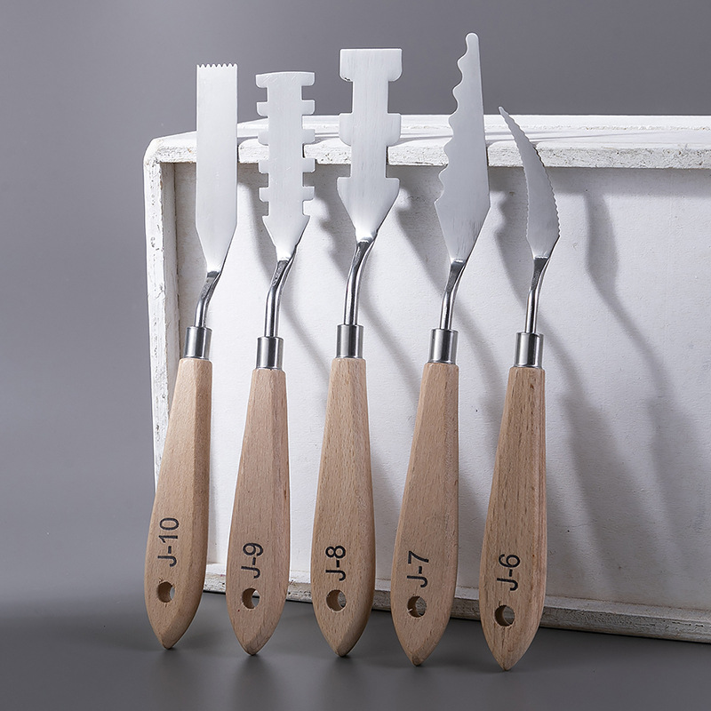 Stainless steel, wooden handle, acrylic texture, painting, color mixing, paint tool, picking scraper, serrated, irregular-shaped art oil painting scraper details Picture