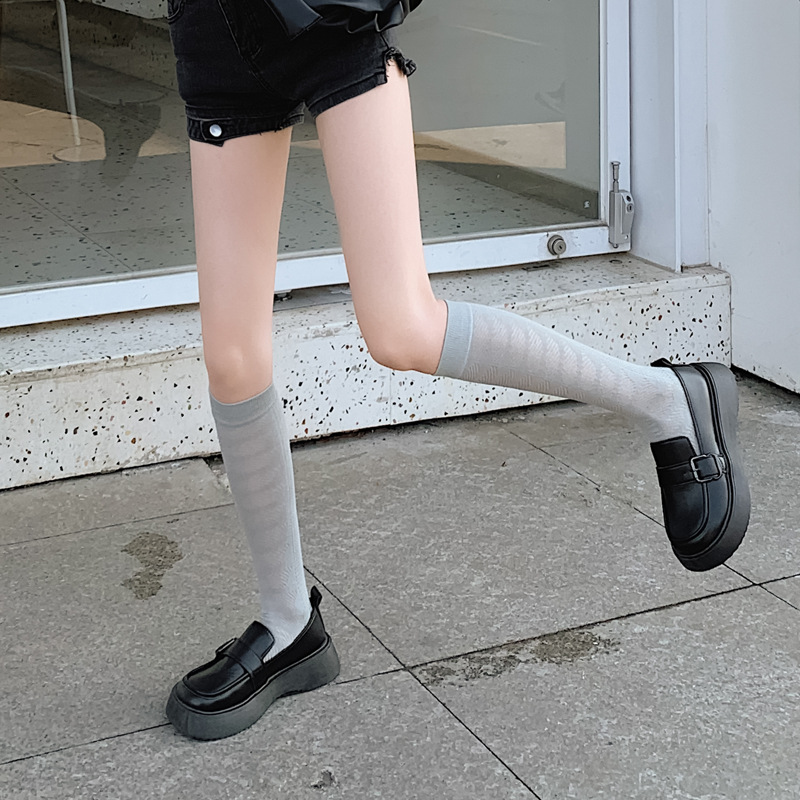 日系少女jk小腿袜 轻薄长筒袜子ins风潮袜潮纯色镂空暗纹长袜详情图2