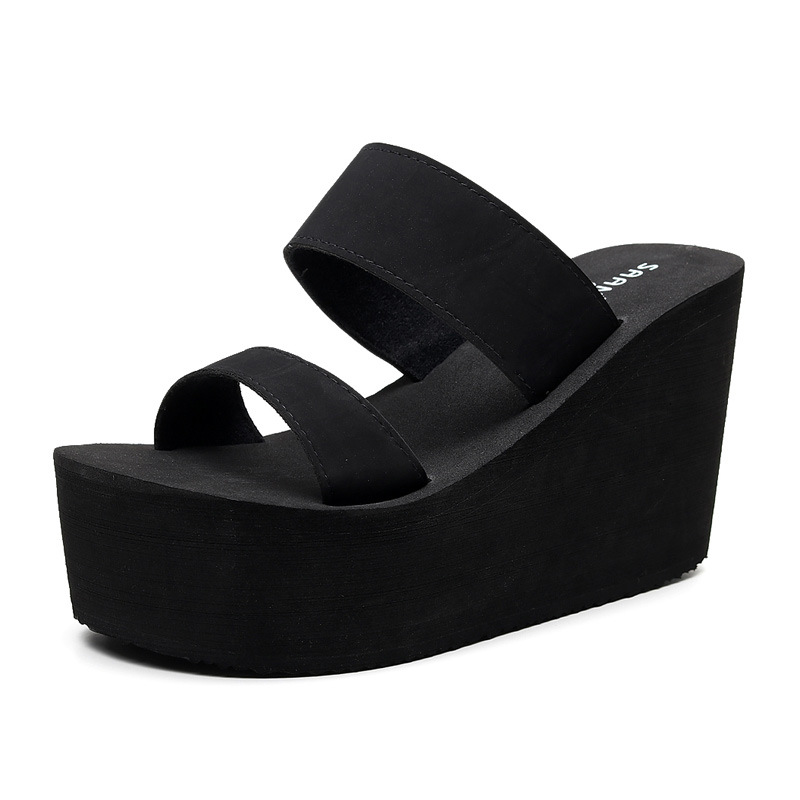 Solid color one-shoulder slippers, summer sea border defense sliding cool slippers, versatile vacation beach slippers, women's 9 cm slippers, high heels 6 Item Picture