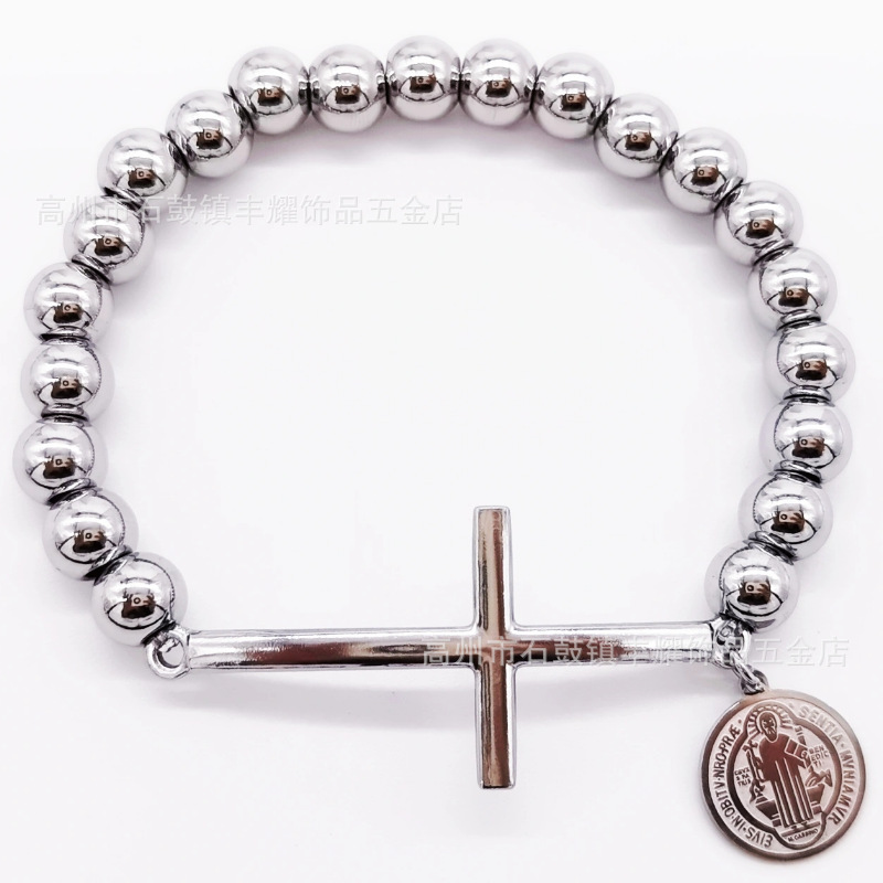 跨境热卖8mm不锈钢串珠加十字架弯牌手链圆珠手链diy弹力绳手链详情35