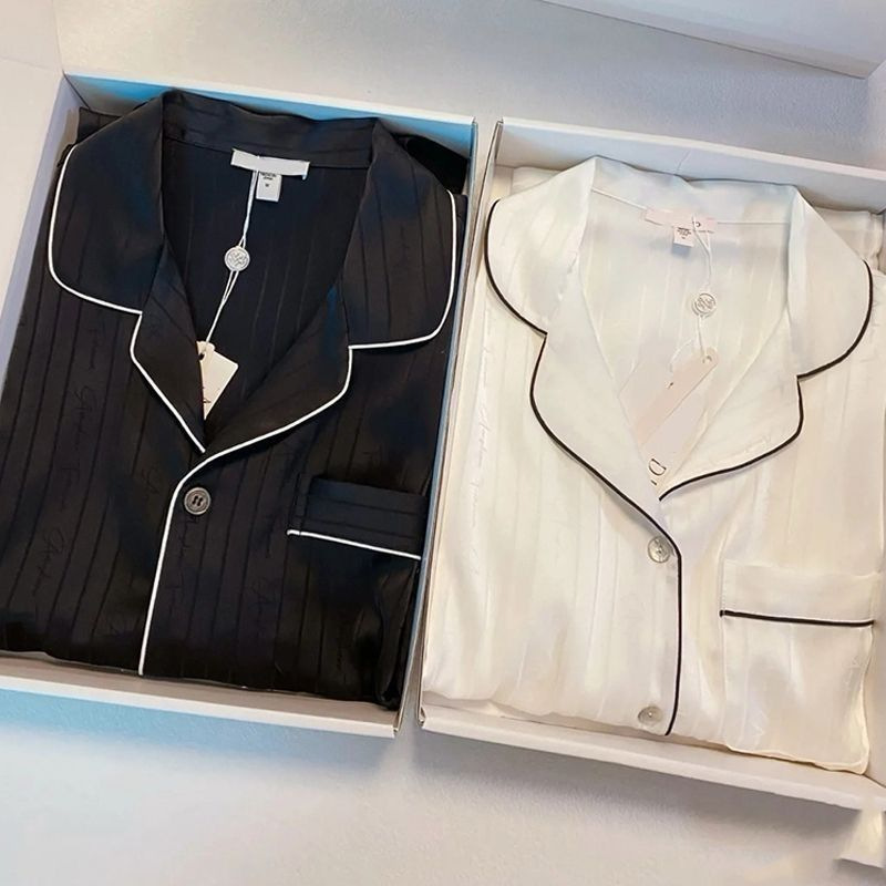 情侣睡衣女夏季冰丝开衫柔软丝绸条纹男士短袖短裤家居服套装薄款