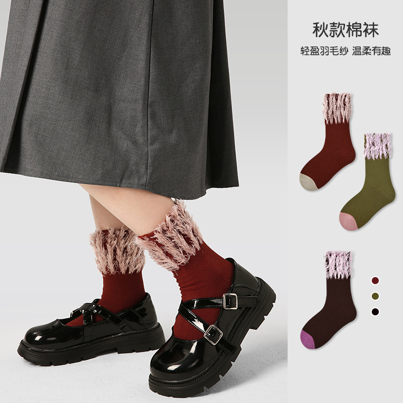 袜子地摊一件代发儿童袜子批发秋冬新款反织流苏风个性中筒袜精梳棉弹性袜口无骨女童袜一件代发