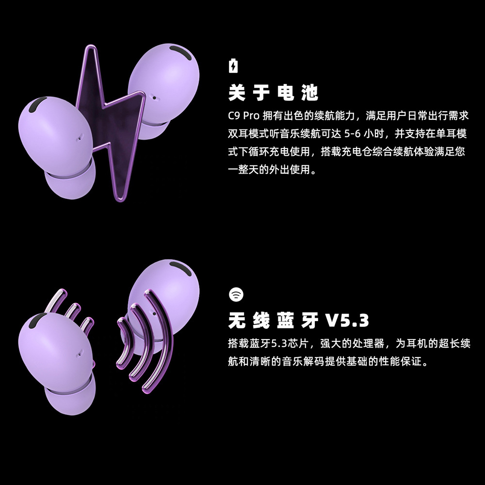 New C9pro Wireless Bluetooth Headphones Transparent Charging Case 5.3 Sport Waterproof Cross-Border Macaron In-Ear Earbuds details Picture