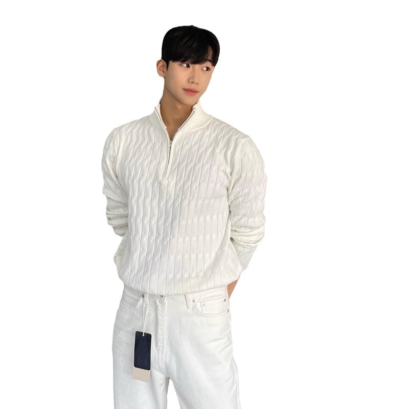Semi-high-neck zipper sweater for men, a high-end and laid-back style pullover, long-sleeved knitted sweater, fashionable, stylish and versatile white coat Item Picture