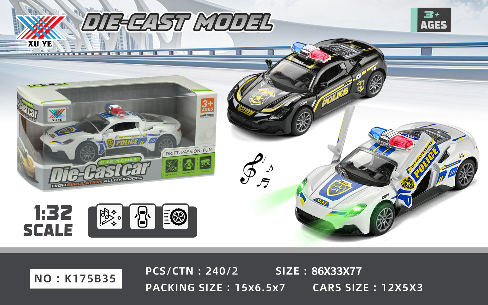 1:32 Alloy Car A Variety Of Police Cars Open Door Boilback Light Music Toy Off-Road Boy Boilback Alloy Car details Picture