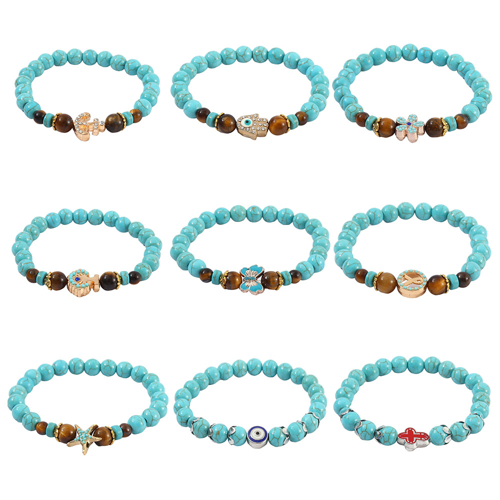 跨境欧美8mm手串套装绿松石手串十字架天然石串珠复古虎眼石手链图