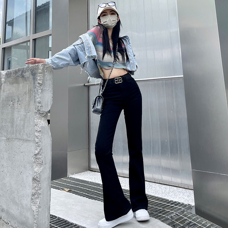 Trendy and hot girl jeans for women's autumn and winter, high-waisted, slimming, tight, elastic, slightly flared pants with a belt details Picture