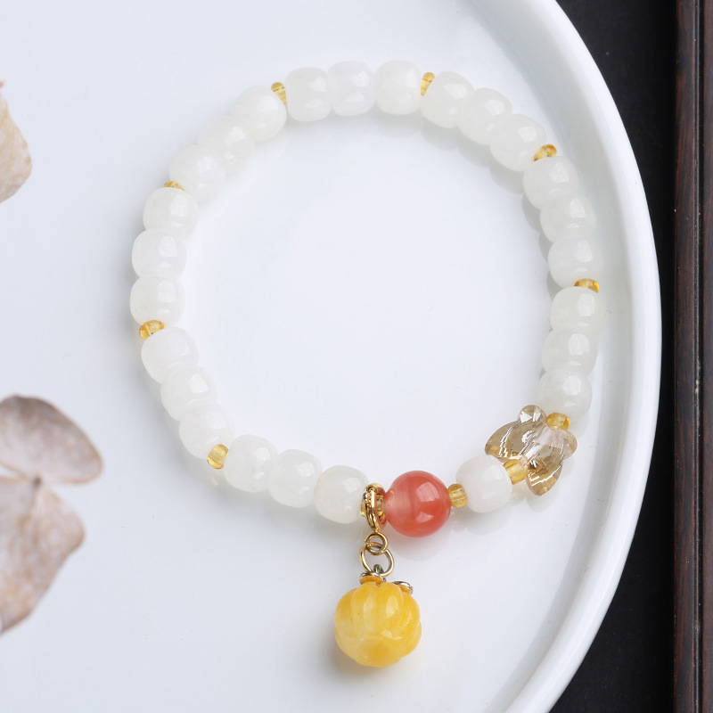 Natural Hetian jade bucket bead hanging amber money bag wealth and blessing bracelet, retro ethnic style single-loop bracelet wholesale details Picture