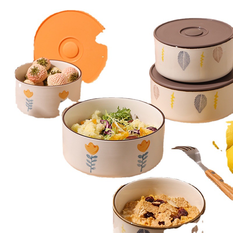 7Bd Ceramic Fresh-Keeping Bowl With Lid Sealed Three-Piece Vegetable Salad Bento Box Microwave Lunch Box Round Instant Noodles Item Picture