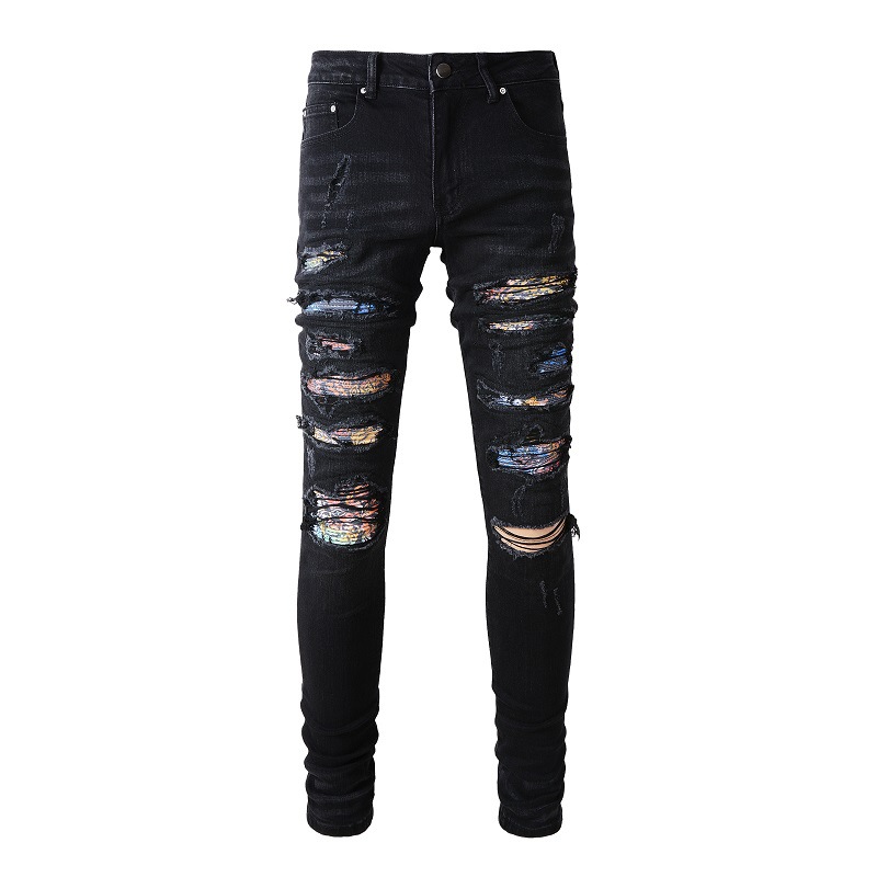 Xiaodan custom-made American high street men's jeans, men's perforated floral fabric patch stretch slimming pants 1334 details Picture