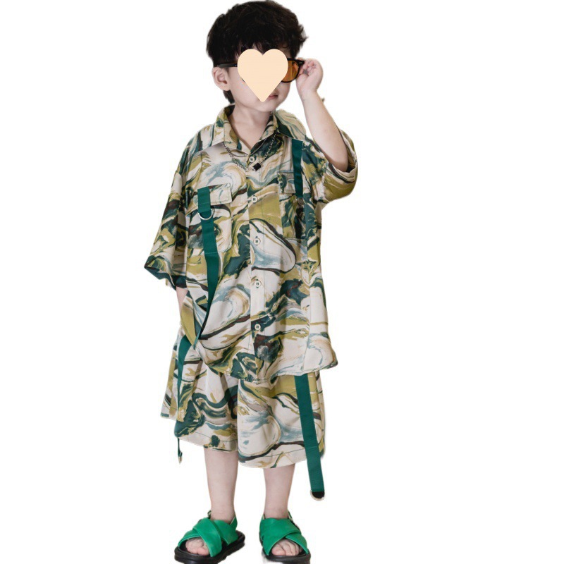 Boys' set 2024 Summer Edition Korean street dance Internet celebrity Street dance trendy children's functional style shirt and shorts Item Picture