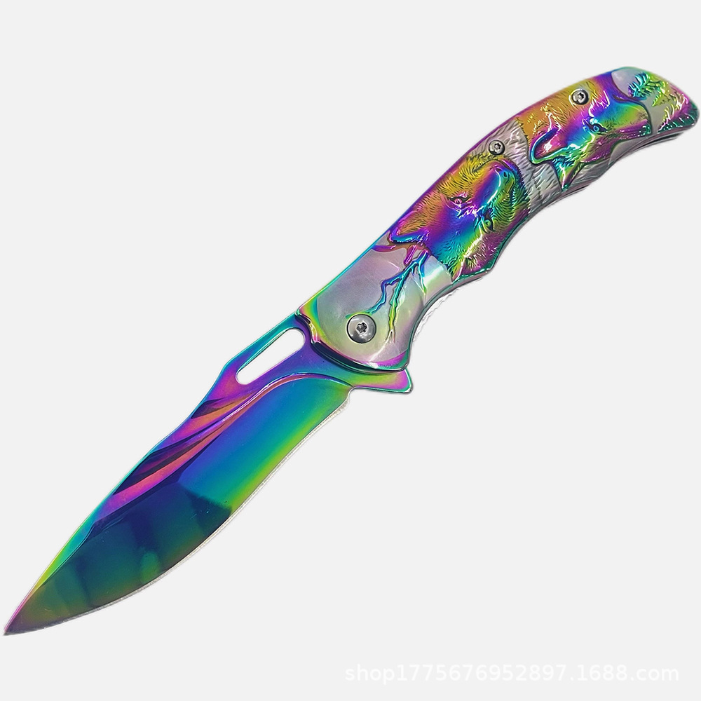 Cross-border best-selling outdoor knife 3D Wolf pattern folding knife camping travel survival knife small folding knife in stock Item Picture