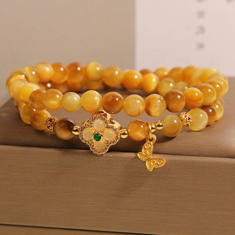 A natural gold tiger's eye double-ring bracelet for women, a light luxury, niche and exquisite four-leaf clover crystal bracelet as a gift for your best friend details Picture