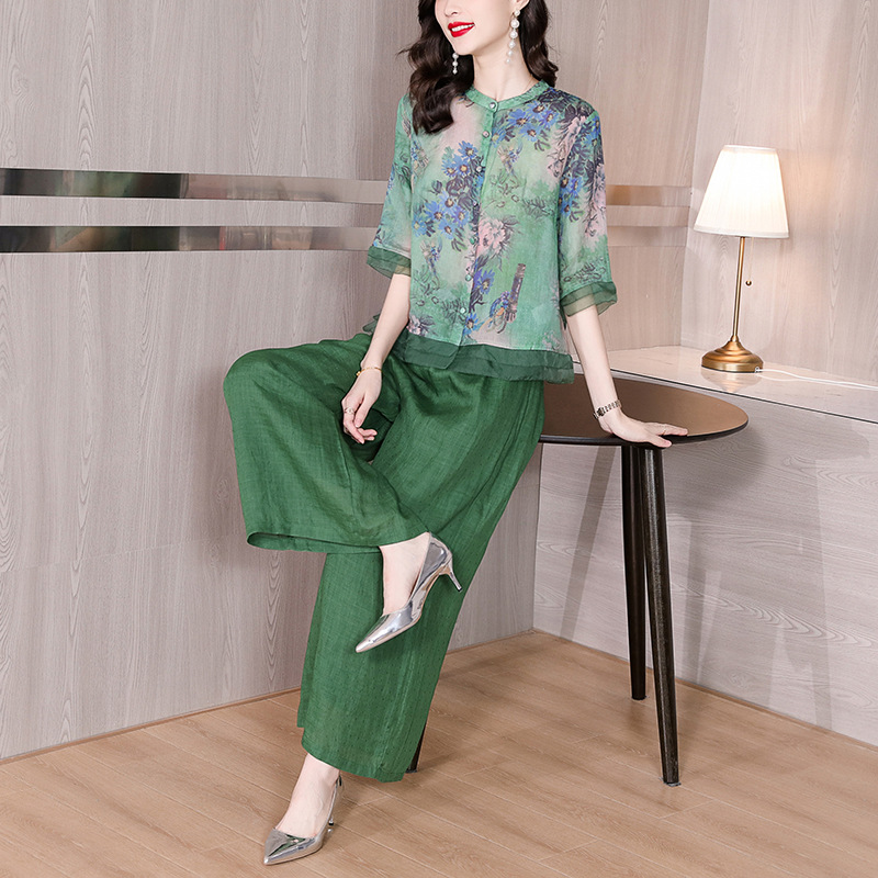 Wide-leg pants set for women, printed ramie shirt top, 2023 new style, retro large-sized cotton and linen pants two-piece set for summer details Picture