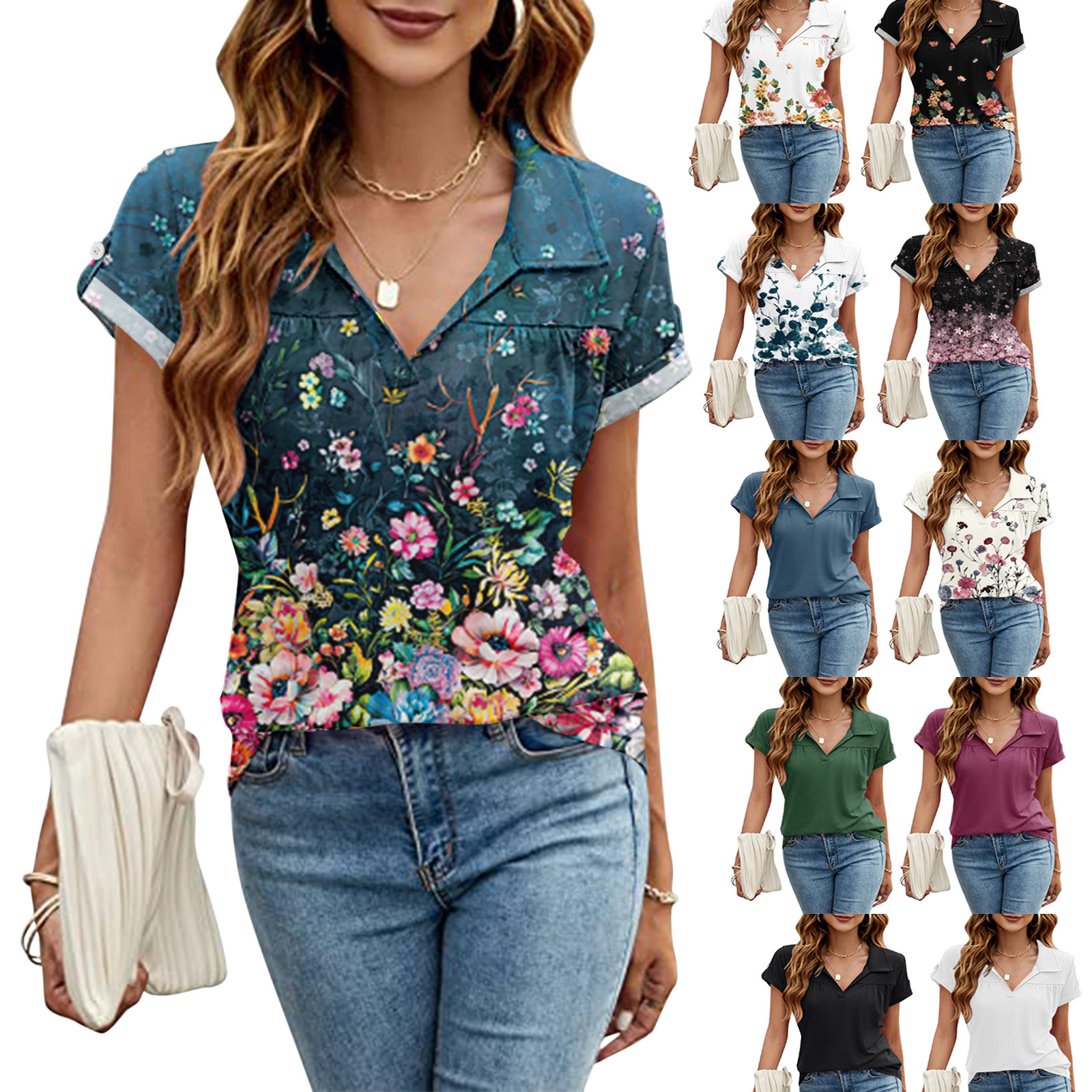 New Amazon fashion women's summer T-shirt, shirt collar, sexy short-sleeved digital print top for cross-border trade