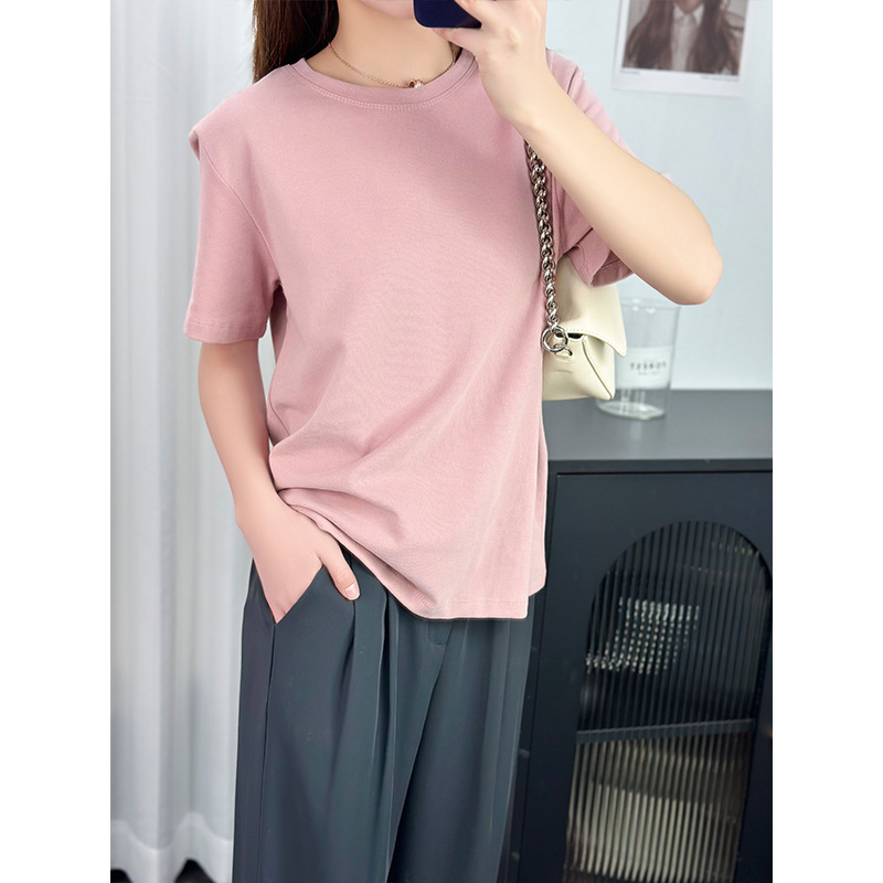 Simple and versatile, shoulder-length, elegant, elastic cotton short-sleeved T-shirt for women, spring and summer, round-neck solid color basic base layer top details Picture