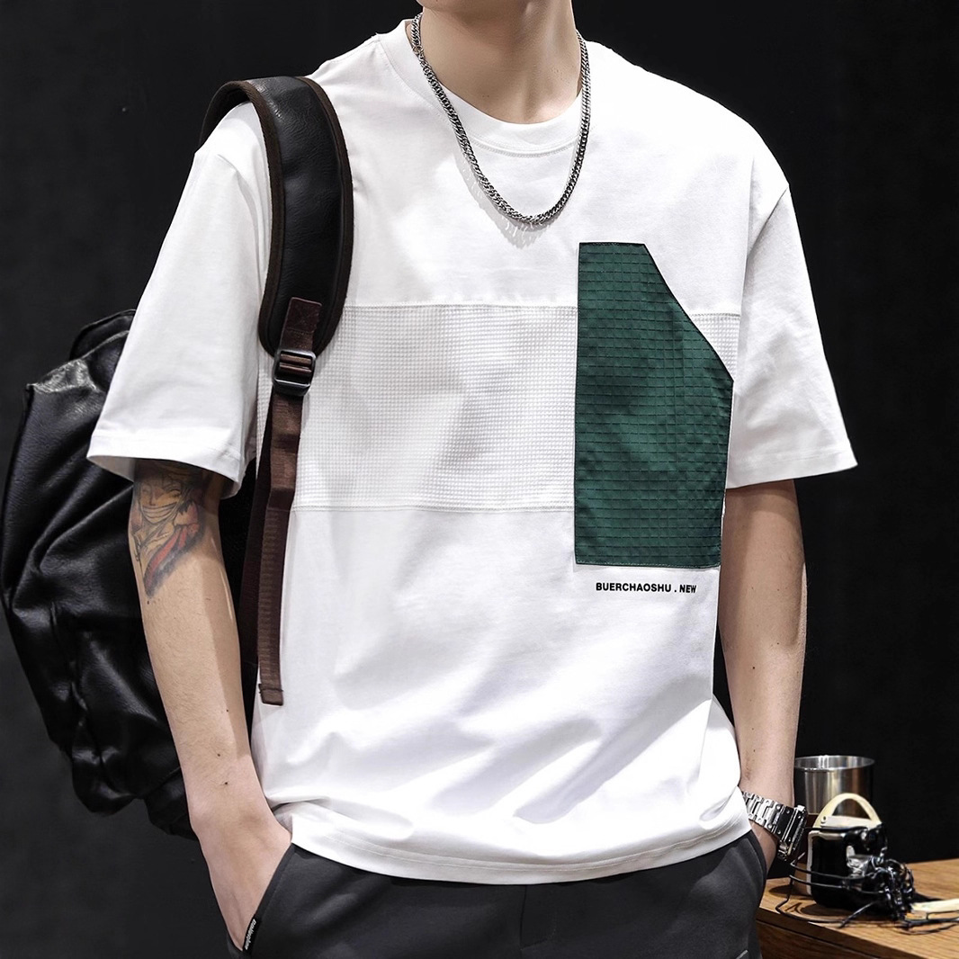 Patchwork trendy brand short-sleeved T-shirt for men's summer 2025 new large-sized high-end clothing, a heavyweight white top T-shirt Specification image
