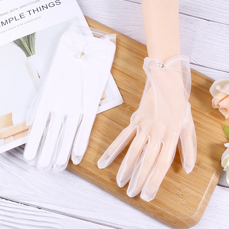 Estilo coreano novia blanco boda encaje bordado clavos cuentas todos los dedos boda cena guantes foto al por mayor etiqueta Specification image