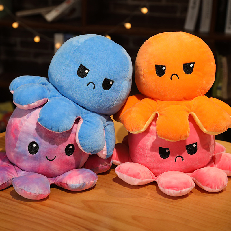 翻面八爪鱼公仔 双面表情 翻转章鱼 抖音小章鱼 毛绒玩具玩偶大号