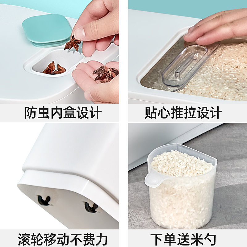 New household sealed, insect-proof and moisture-proof multi-functional rice bucket for storing grains and flour Application Scenario