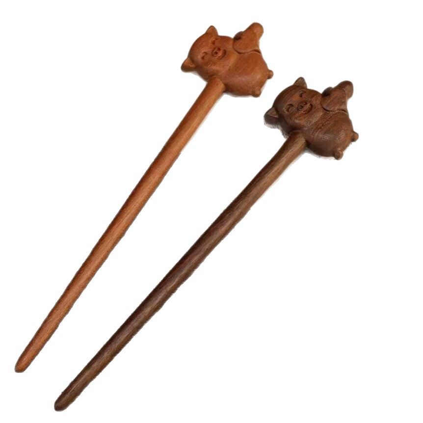 New Chinese-style hairpins, retro heart-shaped little pig sandalwood hairpins, niche style, ancient-style hairpins and hair accessories, carved plates, hair wood hairpins Application Scenario