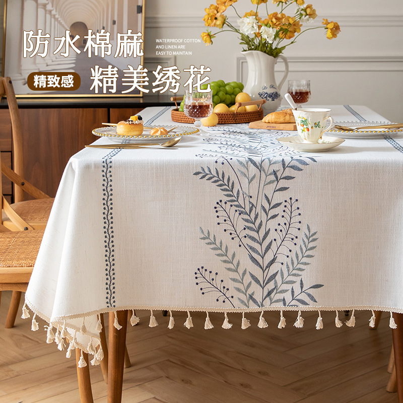 New cotton linen art tablecloth waterproof and oil proof cloth art advanced sense table table cloth hanging tassel embroidered tablecloth wholesale thumbnail