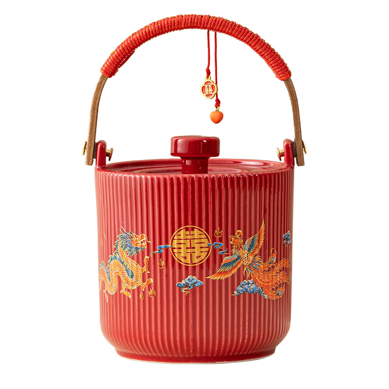 A pair of large ceramic red wedding buckets with auspicious dragon and phoenix descendants, as bride's dowry and decorative items for the wedding room Item Picture