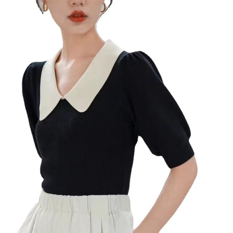 2023夏季新款法式娃娃领针织衫时尚修身显瘦设计感小众短袖上衣女详情图5