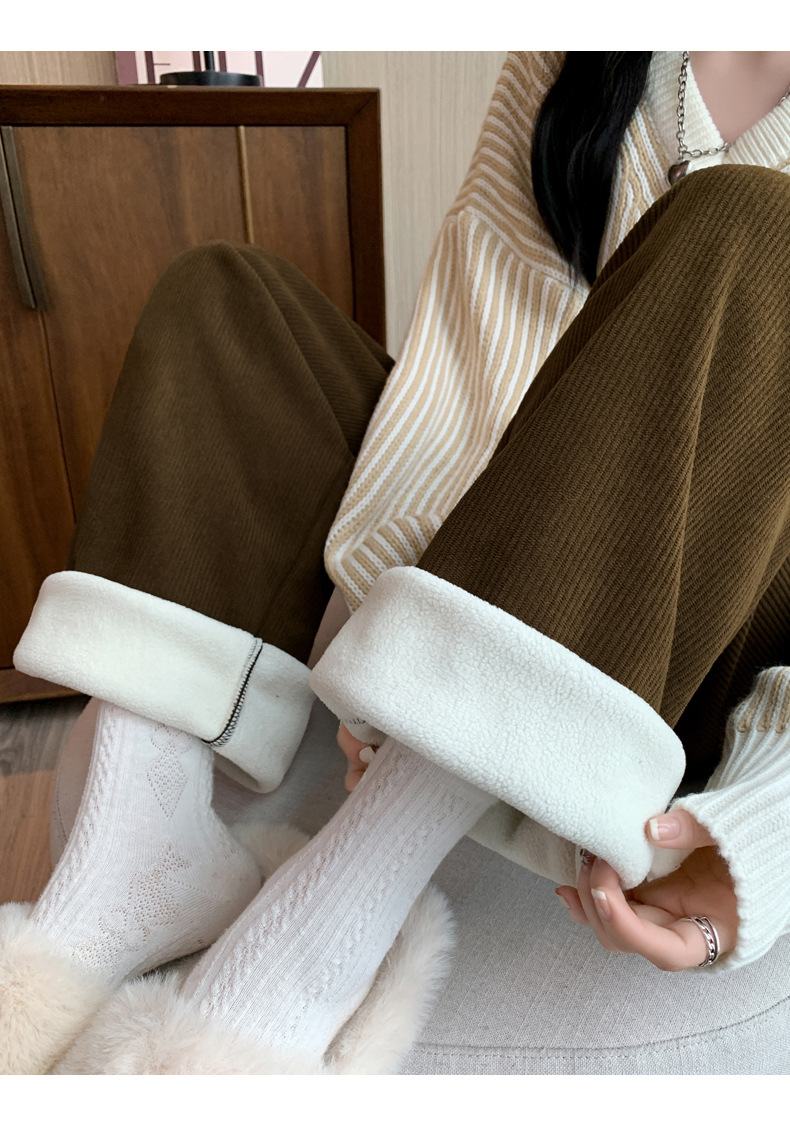 H506加绒阔腿裤女秋冬高腰垂感宽松显瘦灯芯绒直筒拖地白色休闲裤详情31