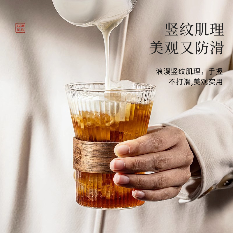 Japanese vertical patterned glass cups, high appearance level, summer cups, ear-hanging coffee cups, household heat-insulating water cups, gifts, summer cooling cups details Picture