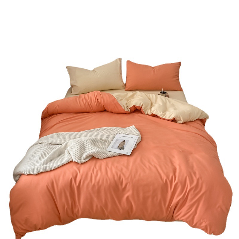 Solid color two-piece washed cotton four-piece set, student dormitory three-piece set, pure cotton bed sheet, quilt cover, bed hat style bedding Item Picture