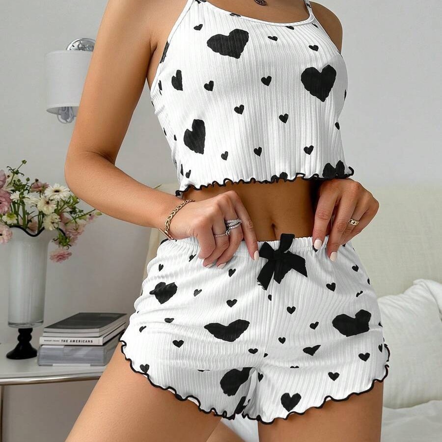 Summer new European and American 2024 knitted striped heart-shaped print design, sweet halter shorts, pure and sensual pajamas for women Application Scenario