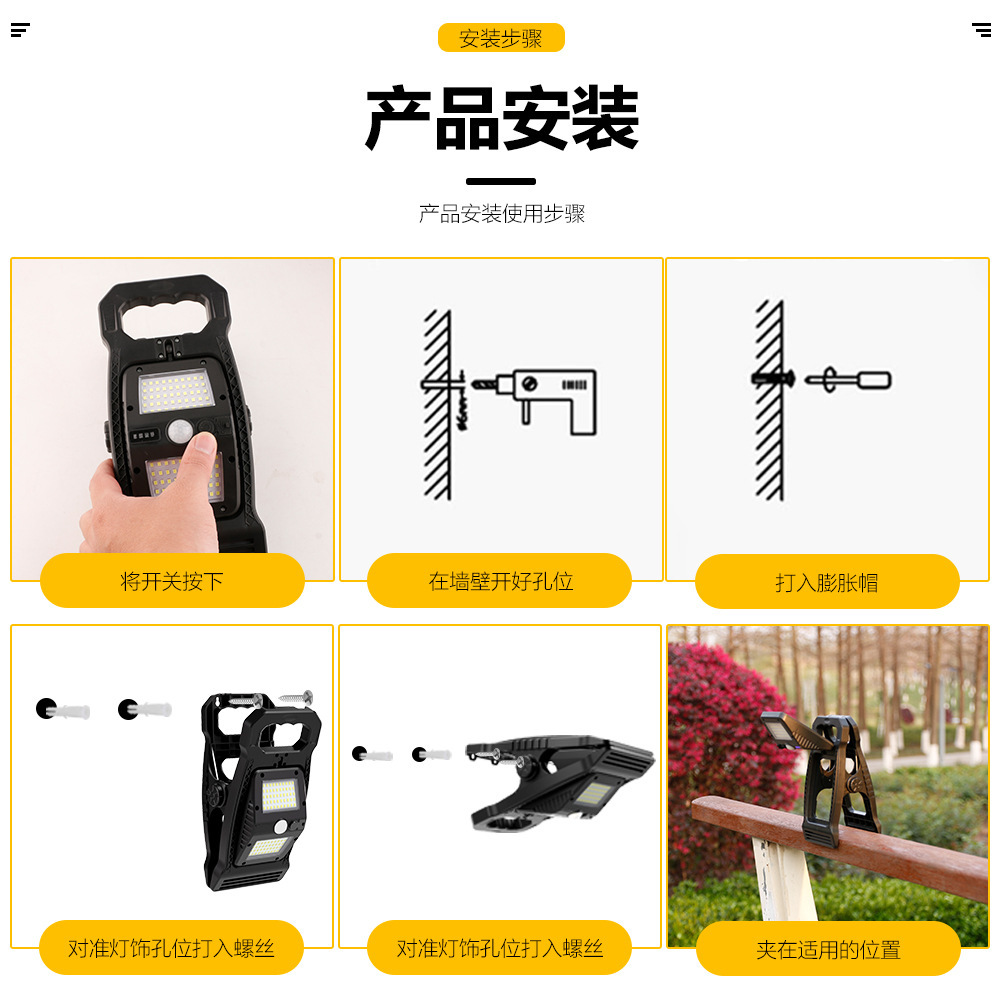 New type of folding solar charging clamp lamp, outdoor lamp, wall lamp, outdoor courtyard, balcony, yard and fence sensor lamp Application Scenario