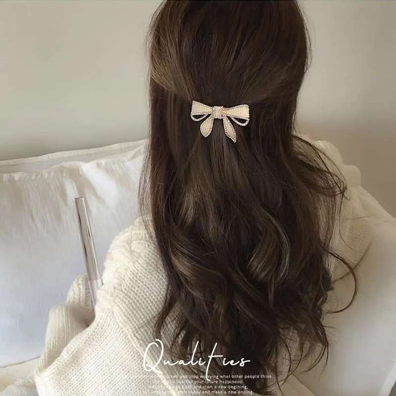 Net Red Bow Pearl Clip Headdress Girly Side Clip Back Head Rhinobar Spring Clip Fashion Temperament Hair Clip Specification drawing