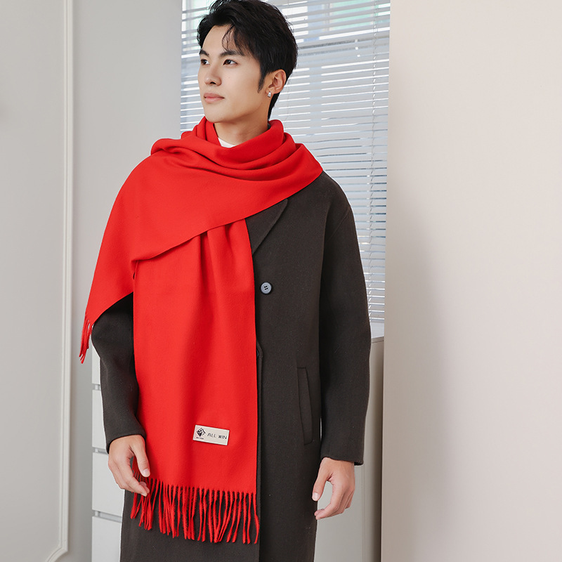 China Red Scarf Shawl Senior Sense Men's Cashmere Wool Scarf Women's Autumn Winter Everything Red Scarf Wholesale