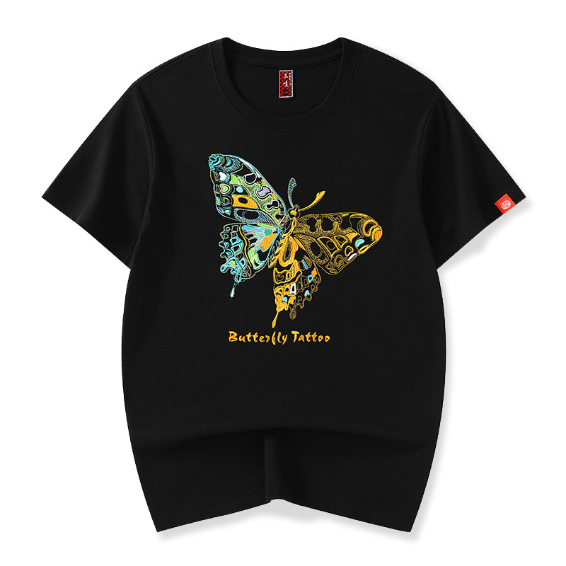 Summer Chinese-style, national trend butterfly embroidery short-sleeved T-shirt men's top loose pure cotton half-sleeve trendy brand half-sleeve clothes details Picture