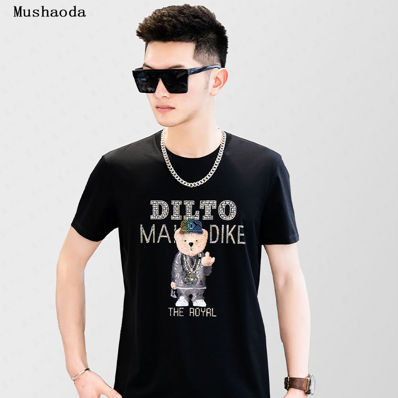Men's short-sleeved summer mercerized cotton 2022 new trendy brand slimming bear print T-shirt, popular men's wear, cool