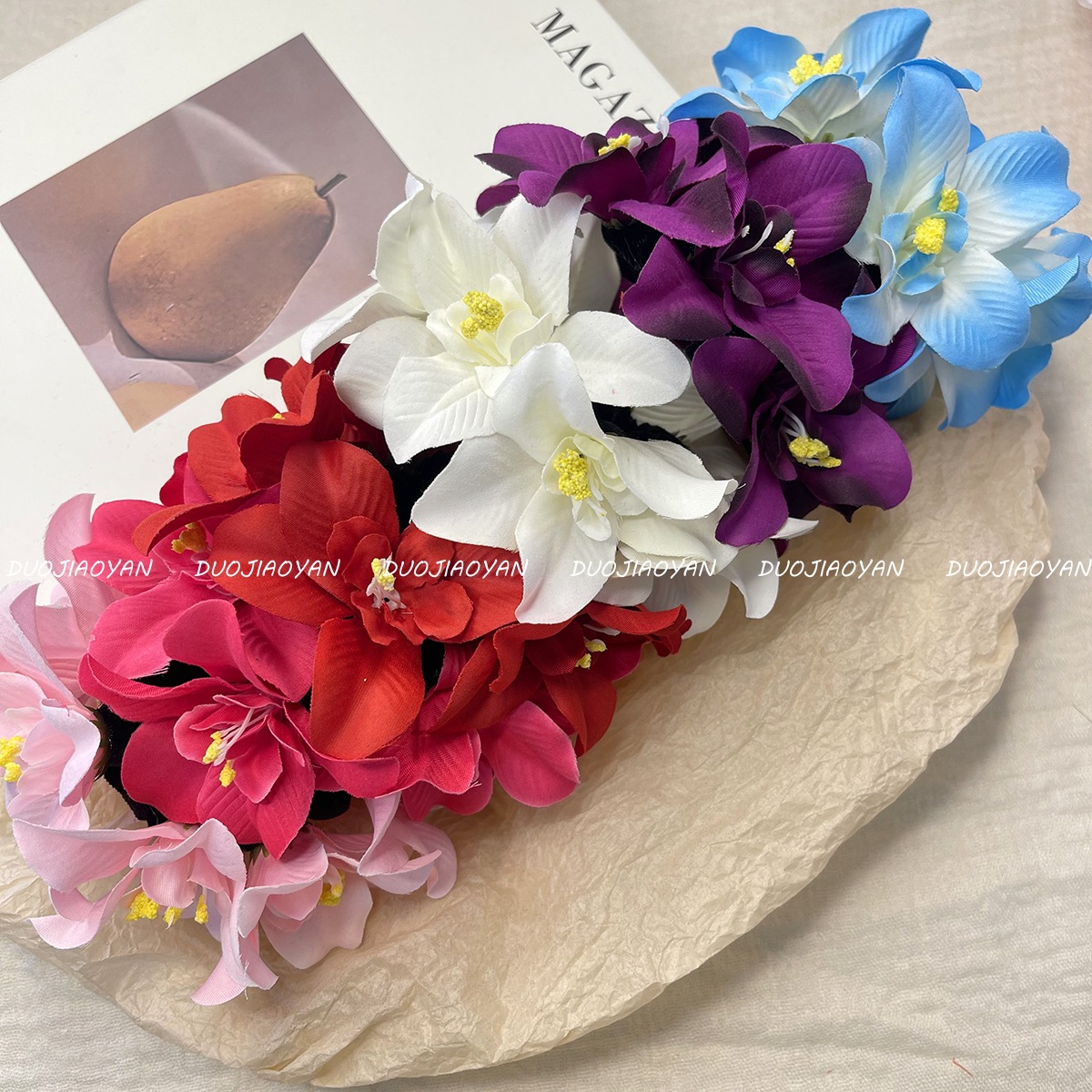 New faux orchid hair band, three-dimensional flower headpiece, headwear, bun, hair tie, travel photo hair accessory for women Specification drawing