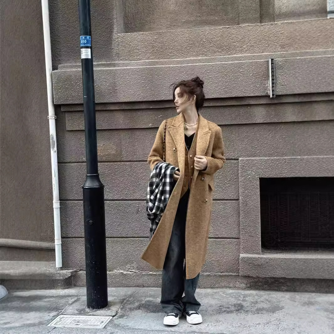 2024秋冬新款两件套马甲大翻领双面羊毛大衣女高级感气质毛呢外套