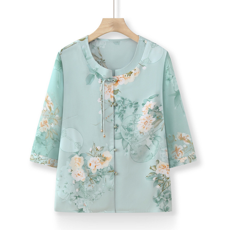 New Chinese-style mom's summer mid-sleeved button-up top, stylish summer dress for middle-aged and elderly people, grandma's Chinese-style small blouse set Specification image
